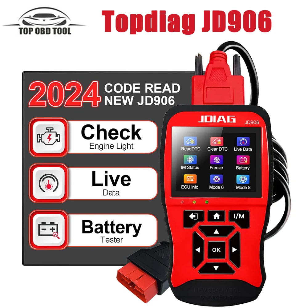 

Topdiag JD906 OBD2 Scanner Check Engine Light Code Reader Live Data I/M Readiness Newest Battery Tester Car Diagnostic Scan Tool