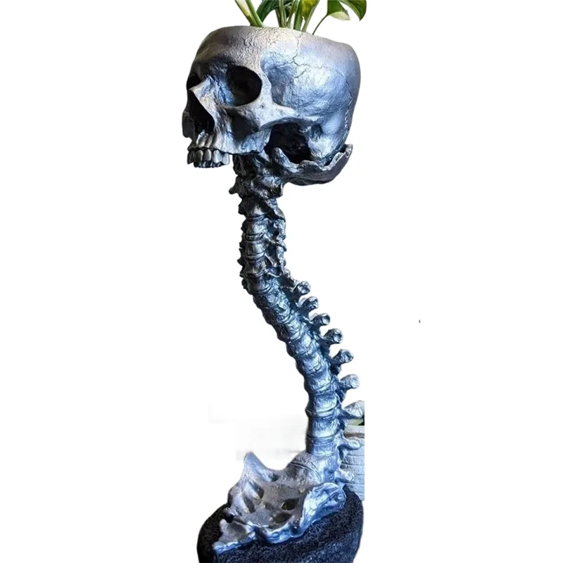 Resin Skull Planter & Spine Stand Set, Polyresin Skulls Pot, Halloween Decoration Retro Human Skull Flower, Silver