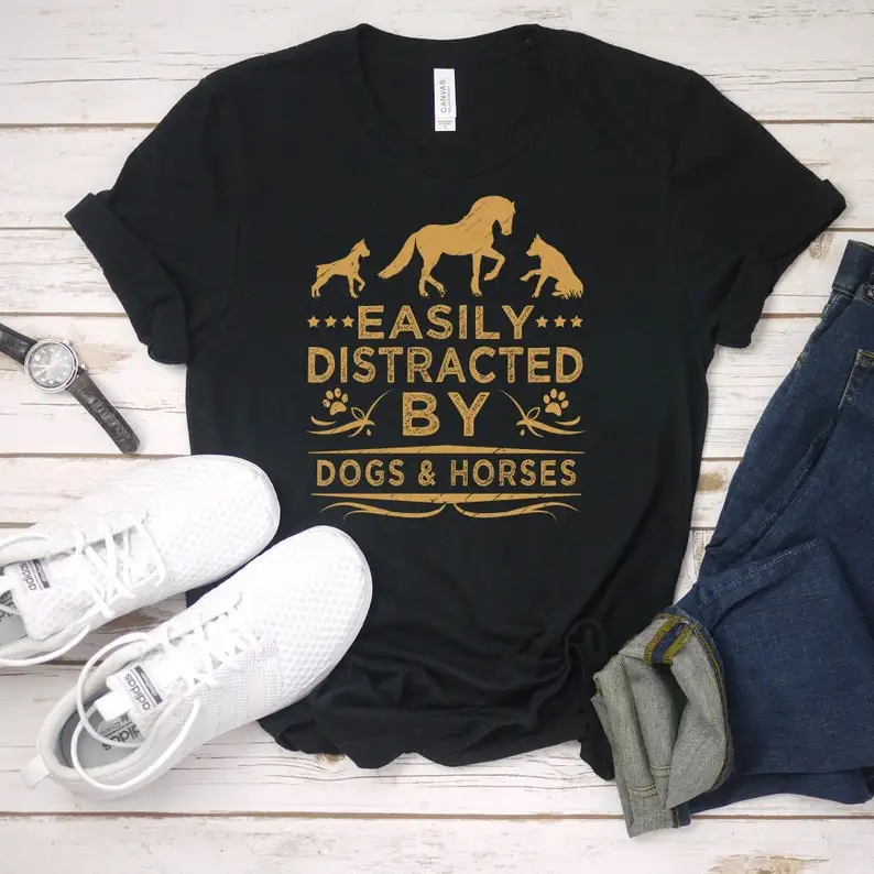 

Easily Distracted By Dogs and Horses Unisex T-Shirt, Dog and Horse Lover Gift Horse lover Horse 100% Cotton y2k harajuku shirt