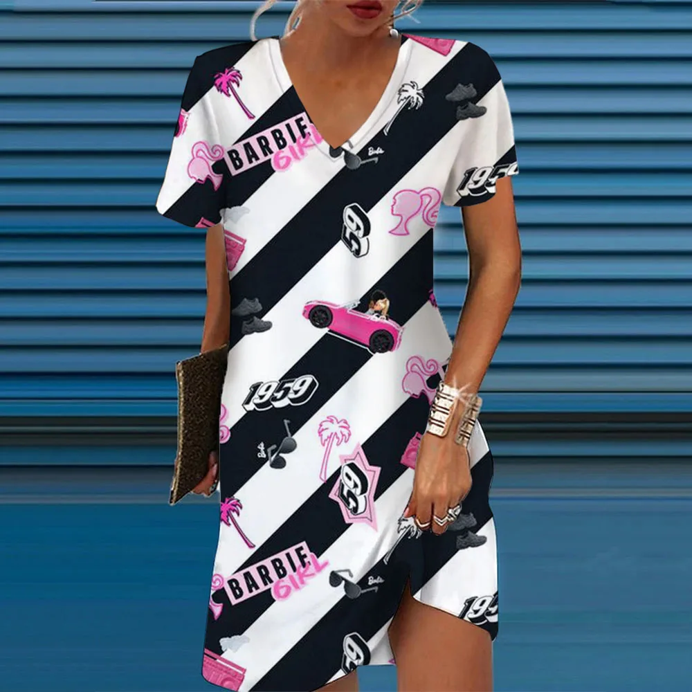 2024 Summer Fashion loose Elegant Barbie Lip Print short sleeve A-line V-neck dress for women's clothing retro dress Vestidos