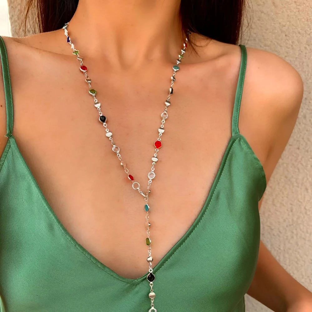 Fashion Colorful Glass Long Y-Shaped Necklace for Women Metal Collarbone Chain Summer Holiday Party Body Jewelry