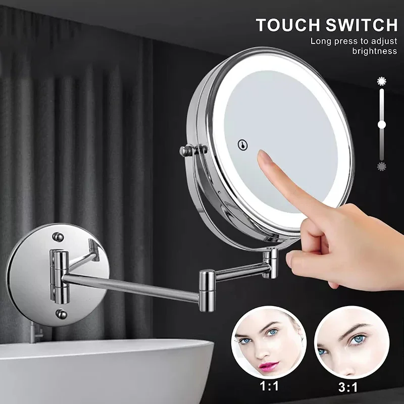 Dual Arm Folding 8 Inches Round Bathroom Makeup Mirrors with Led Light 3x/5x Magnifying Black Illuminated Bathroom Mirrors