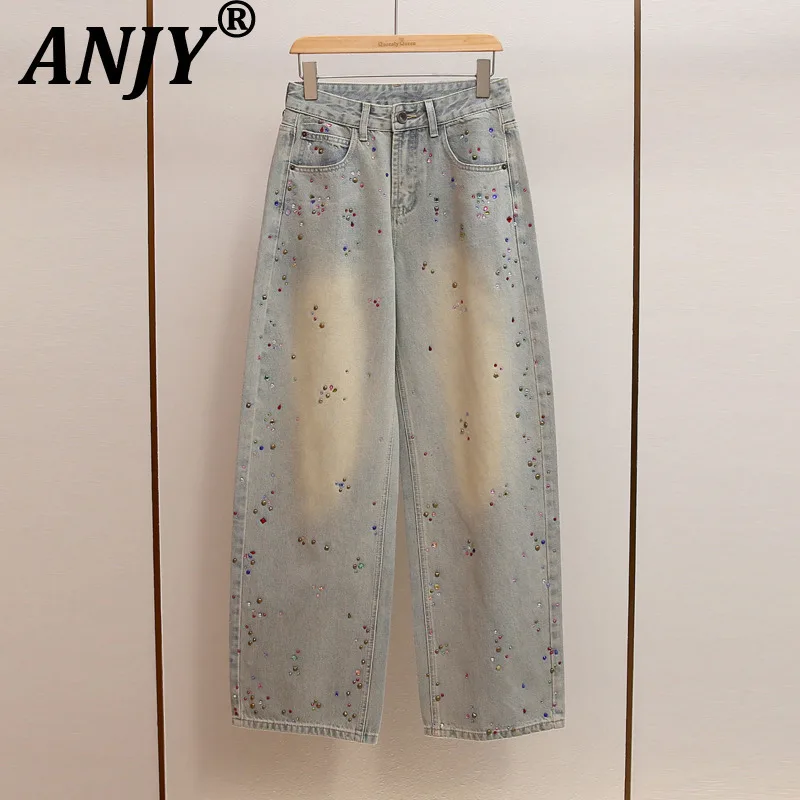 

ANJY Autumn Winter New Women's European High-End Fashion Studded Diamonds Elegant Straight Jeans Versatile Washed Vintage A17350