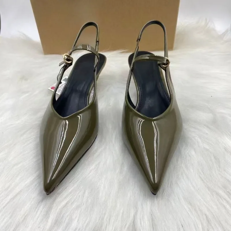 

Brand Design 2026 Pointed Toe Women Pumps Luxury Patent Leather Buckle Strap Office Work Slingbacks Mid Heels Shoes for Ladies