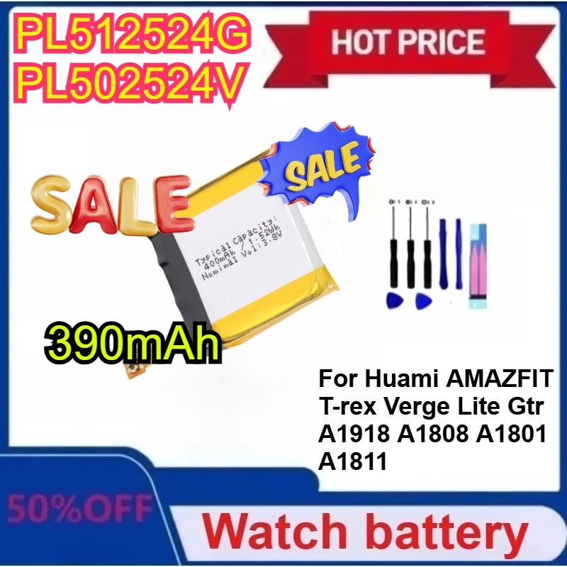 

New PL512524G PL502524V 390mAh Battery For Huami AMAZFIT T-rex Verge Lite Gtr A1811 A1918 A1801 A1808 Watch Batterie With Tools