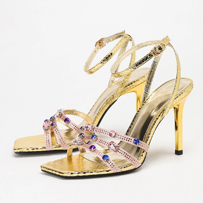 

Luxury Rhinestone Embellished Heeled Sandals Women Sexy Open Toe Ankle Buckle Designer Shoes Fashion Square Toe Stiletto Sandals
