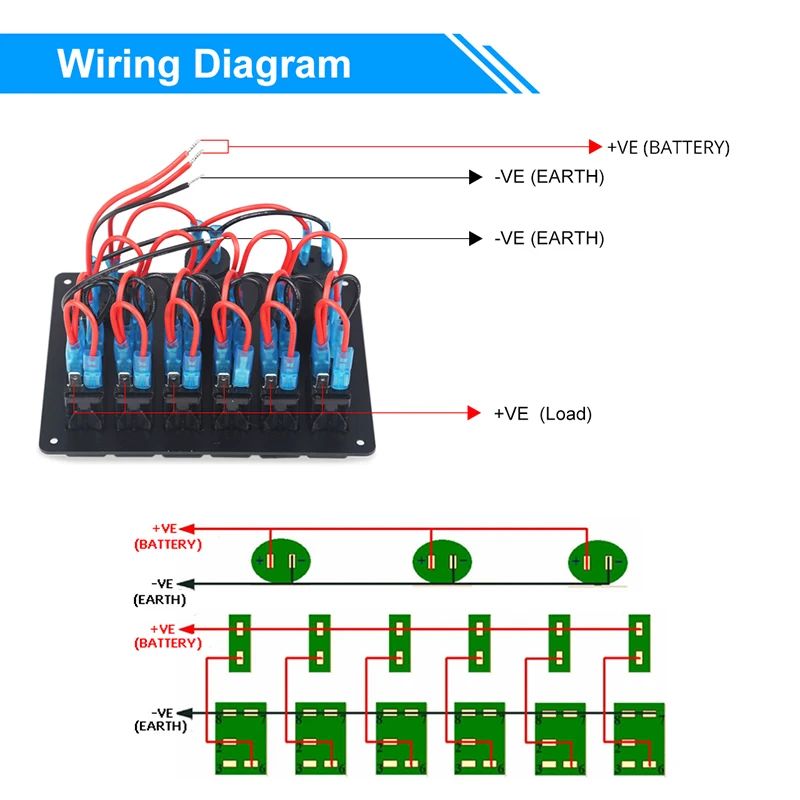 

6 Gang Rocker Switch Panel DC 12V/24V Dual USB Ports Digital Voltage Display Waterproof Car Marine Boat Circuit LED Breaker