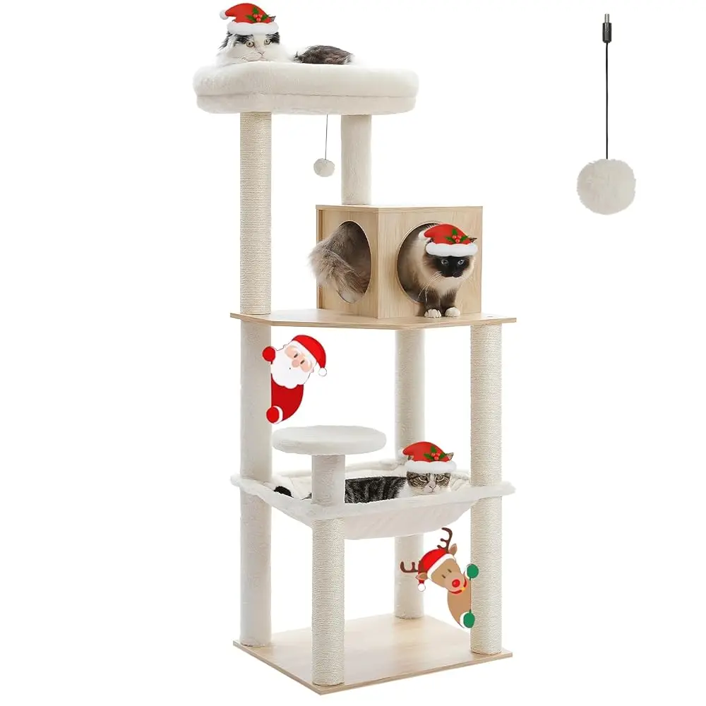 

Wood Cat Tree For Indoor Cats Multi-Level Tower With Sisal Covered Scratching Posts, Cozy Condo, Super Large Hammo And Plush