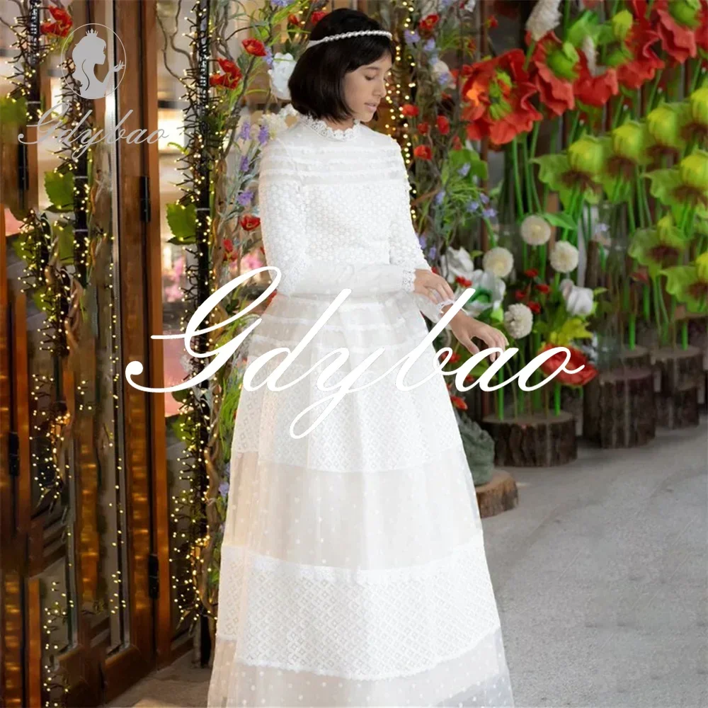 Lace Applique Classic Luxury Wedding Party Flower Girl Dress Full Sleeve Floor Length Formal First Communion Gown New 2024