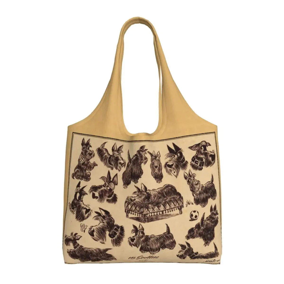 

Reusable Vintage Scottie Dog Shopping Bag Women Shoulder Canvas Tote Bag Durable Scottish Terrier Grocery Shopper Bags Handbags