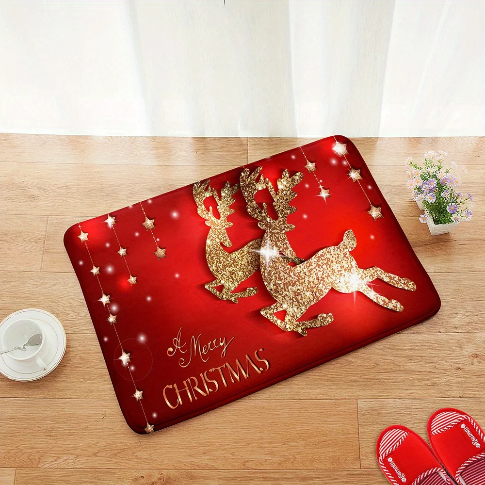 Festive Holiday Floor Rug Christmas Text Slogan Snowflakes Xmas Trees Reindeer Creative Pattern Decor Area Rug Porch Ornament