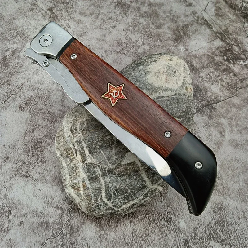 Russian Style NKVD 440c Blade Wood Handle Folding Pocket Knife with Leather Sheath Survival Tactical Military EDC Tool Gift