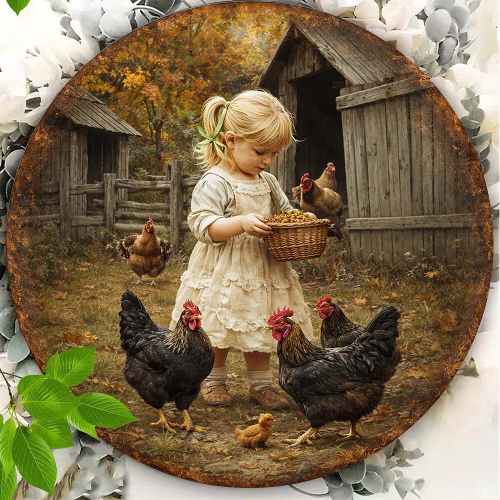 2D Flat - 1pc 8*8In/20X20Cm 2D Flat Round Sign, Retro Plaque about a Little Girl Feeding Chickens, Country Farm Decorative Sign,