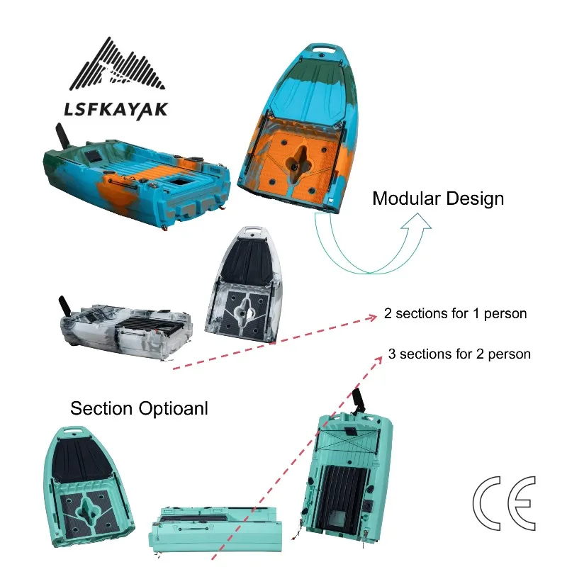 14ft Outdoors New 3-Section Tandem Modular Pedal Foldable Hull Design HDPE For Lake Touring 3-Person Capacity Boat Fishing