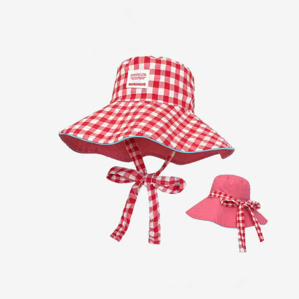 

Fashion Summer Plaid Bucket Cap Two-sided Tie Strap Sunscreen Hat Wide Brim Sweet Fisherman Caps Travel