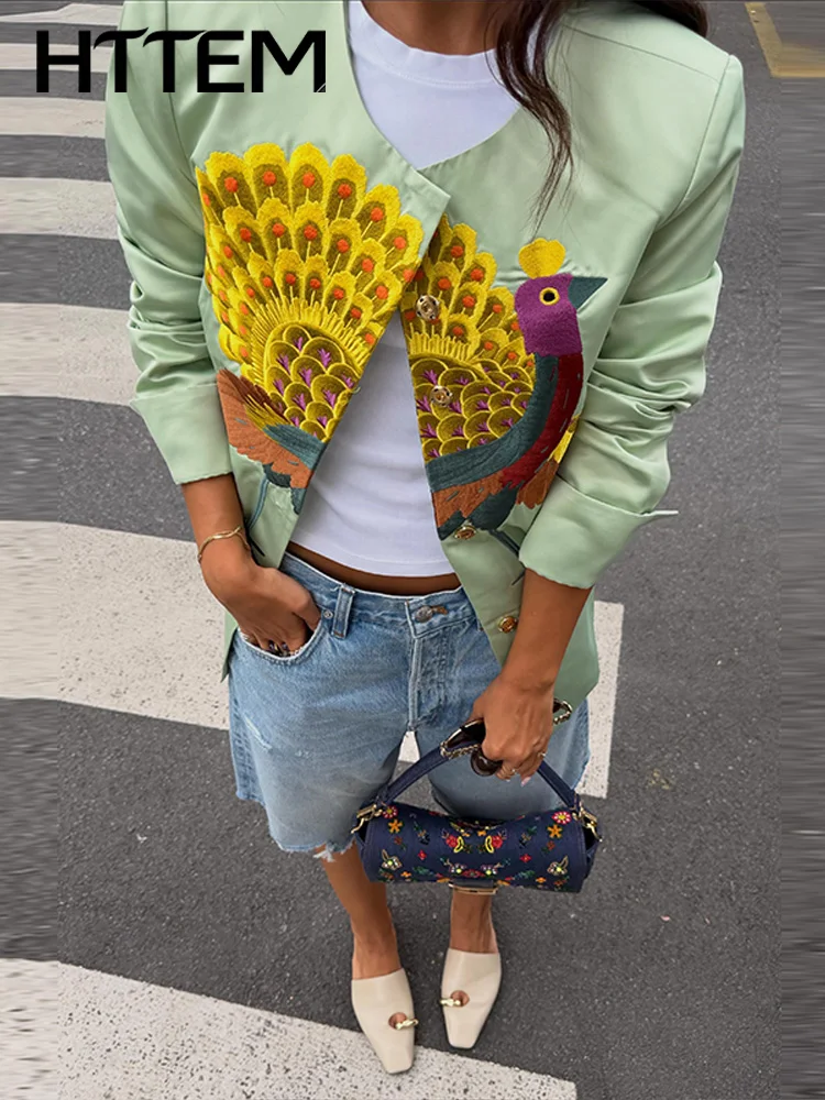 Schicker Damenmantel mit Pfauenstickerei, schmal geschnitten, langärmelig, O-Ausschnitt, kurze Damenmäntel, Herbstmode 2026, neue Damen-Streetwear-Oberbekleidung.