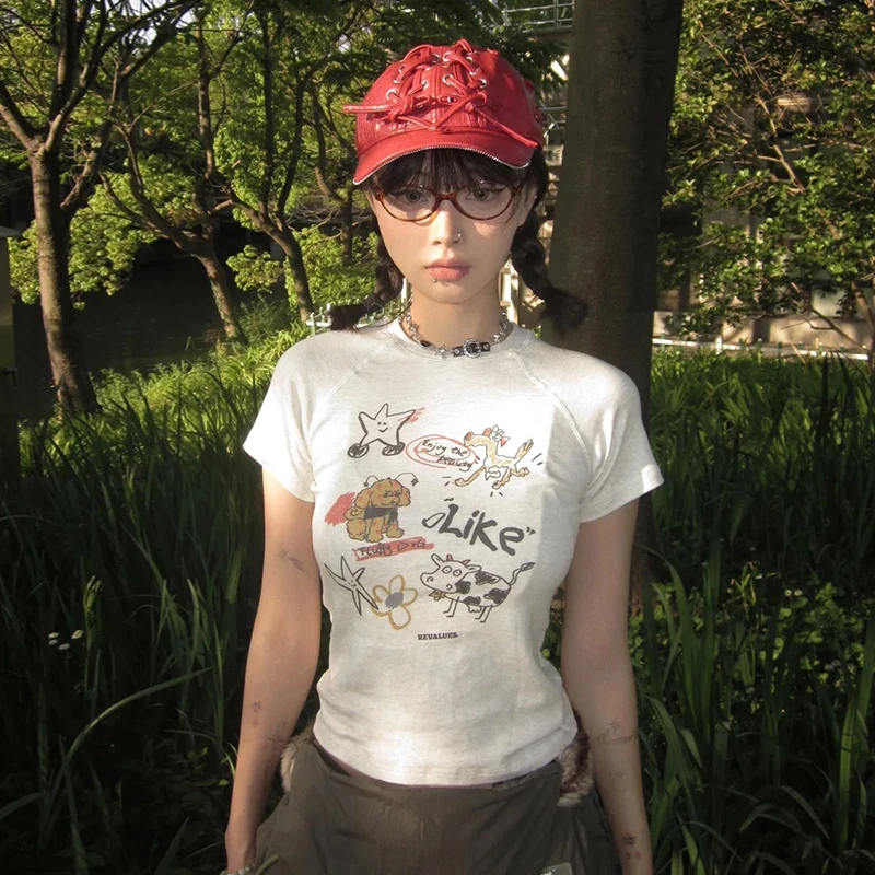 Harajuku تي شيرت مطبوع المرأة سليم كم قصير المحاصيل القمم Y2k خمر الجرونج القمم الشارع الشهير 2000s بلايز اليابانية