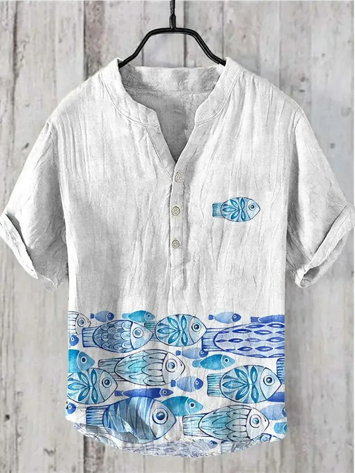 

2024 New Men's Casual V-neck Three-button 3D Printed Linen Short-sleeved Shirt Hawaiian Style Oversized S-5XL Fast Shipping