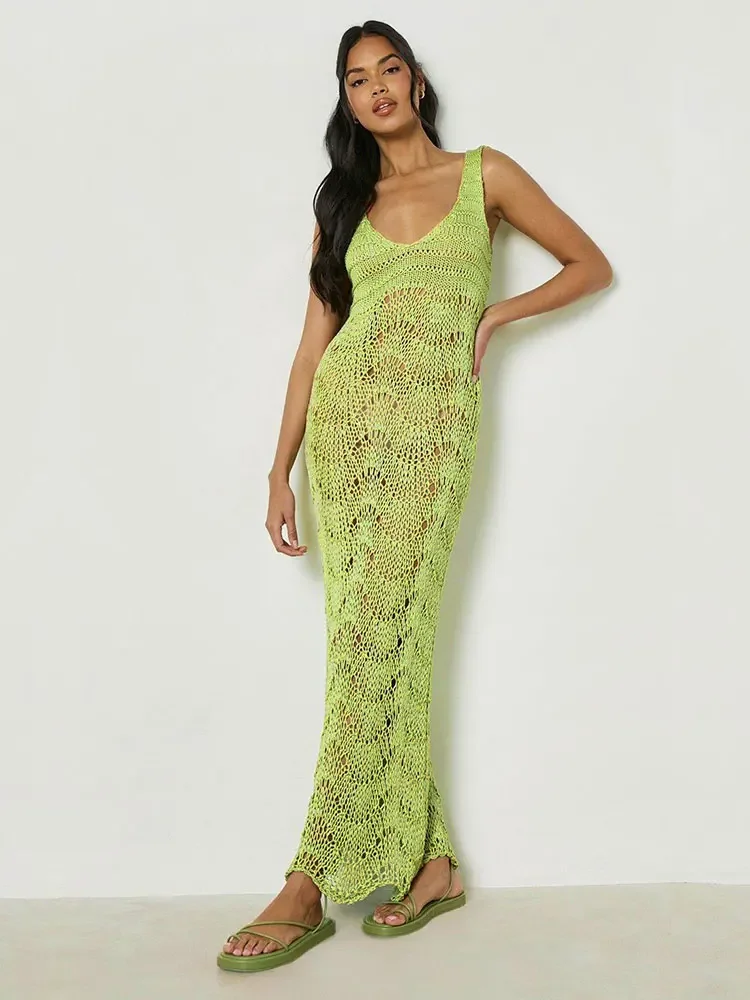 

New White Crochet Tunic Swimwear Cover-ups 2024 Women's Clothes Sexy Hollow Out Low-cut Solid Color Slim Beach Maxi Dress A2210