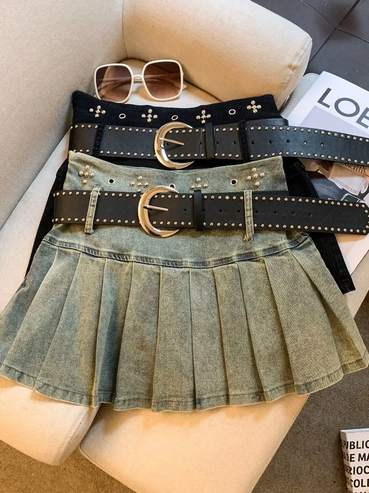 

Джинсовая юбка в американском стиле для женщин, летняя, с декоративными крестообразными элементами, выцветшая, винтажная, утягивающая, плиссированная