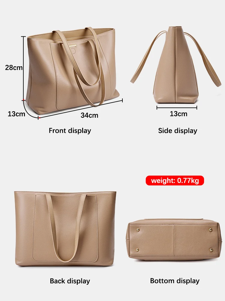 Zency Genuine Leather Women Shoulder Bag Tote Handbag Large Capacity Designer Shopping Bag Front Pocket For Notebook Phone iPad