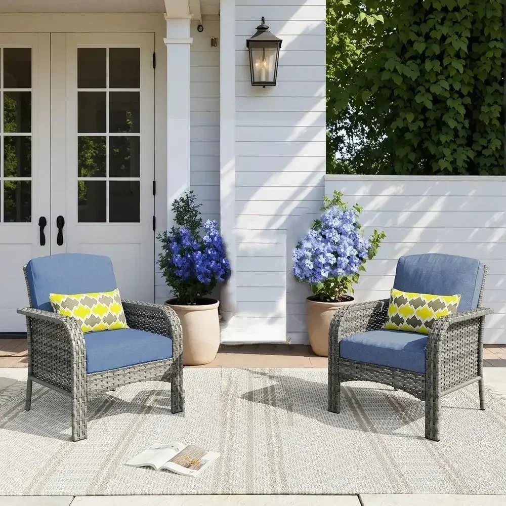 

2-Piece Outdoor Wicker Bistro Set with Comfortable High Back Chairs, All-Weather, Denim Blue