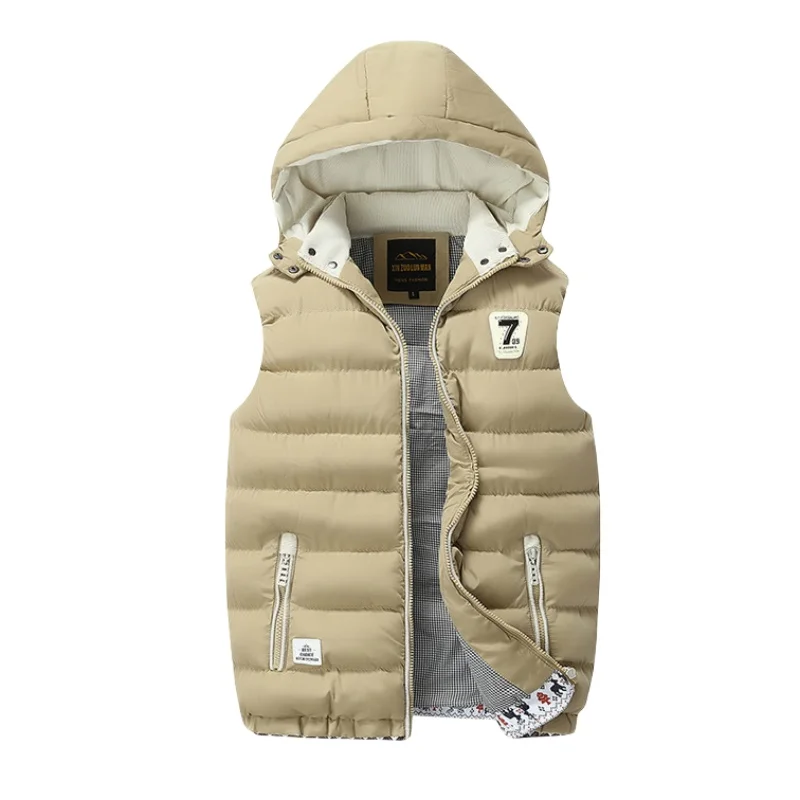 Autumn Winter Mens Hooded Sleeveless Vest Casual Slim Fit Stand Collar Down Cotton Waistcoat Outdoor Fleece Thick Padded Vest