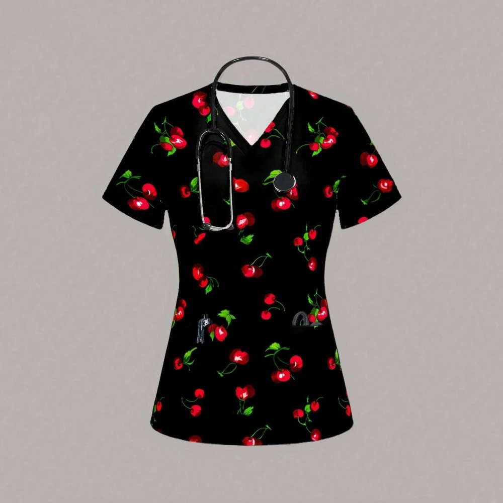 Women's Hospital Uniform Elegant Butterfly Print Obstetrics Nursing Tops V-Neck Micro-Stretch Short-Sleeved Tees Medical Clothes
