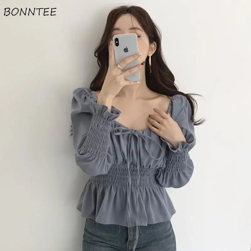 Blouse Women Folds Popular Temperament Elegant All-match Creativity Retro French Style Cozy Basics Daily Ladies Lovely Simple