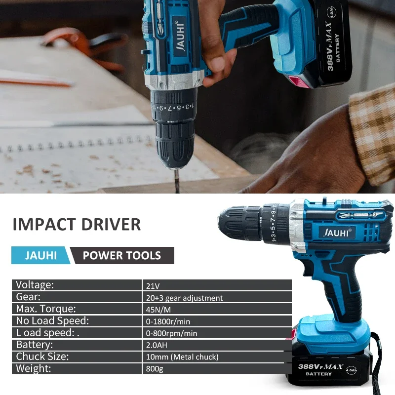 JAUHI-Handheld Lithium Battery Electric Drill, Pistol Type Electric Drill, Cordless Impact Drill, Household Power Tools