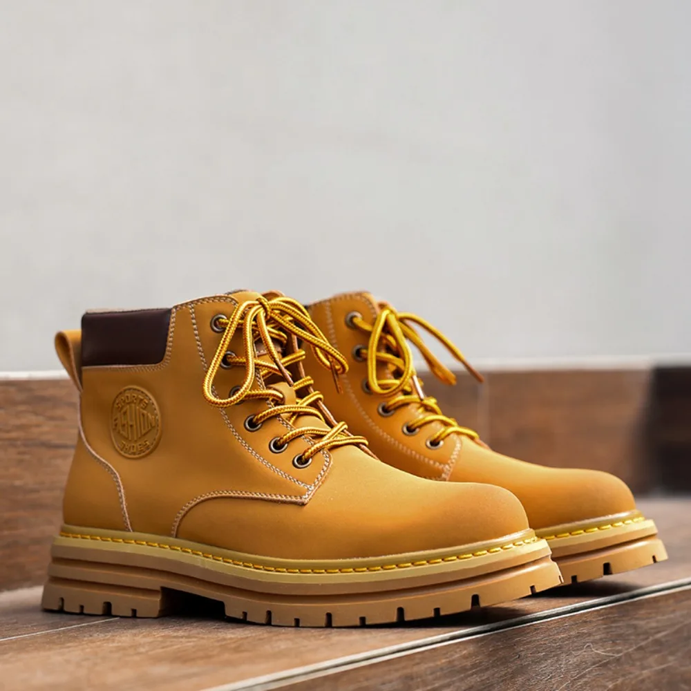 

Men's high top boots four season outdoor work shoes anti slip and comfortable yellow boots fashion British casual leather boots