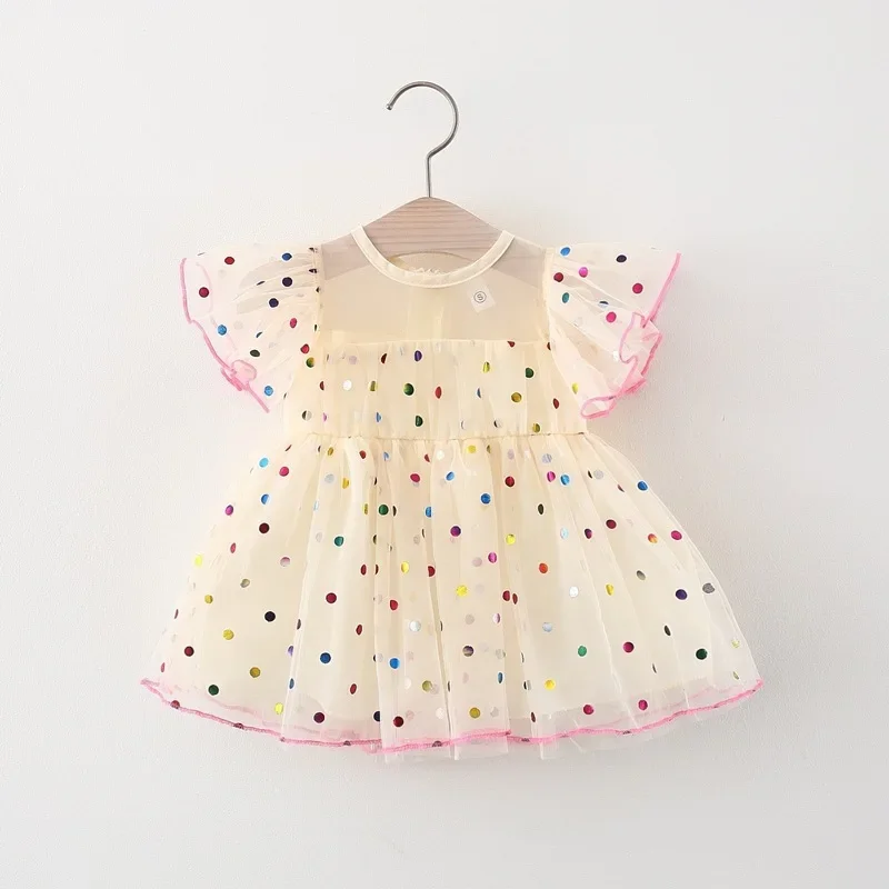 Summer girl dress baby girl three-dimensional flower polka dot lace bubble sleeve back strap princess dress