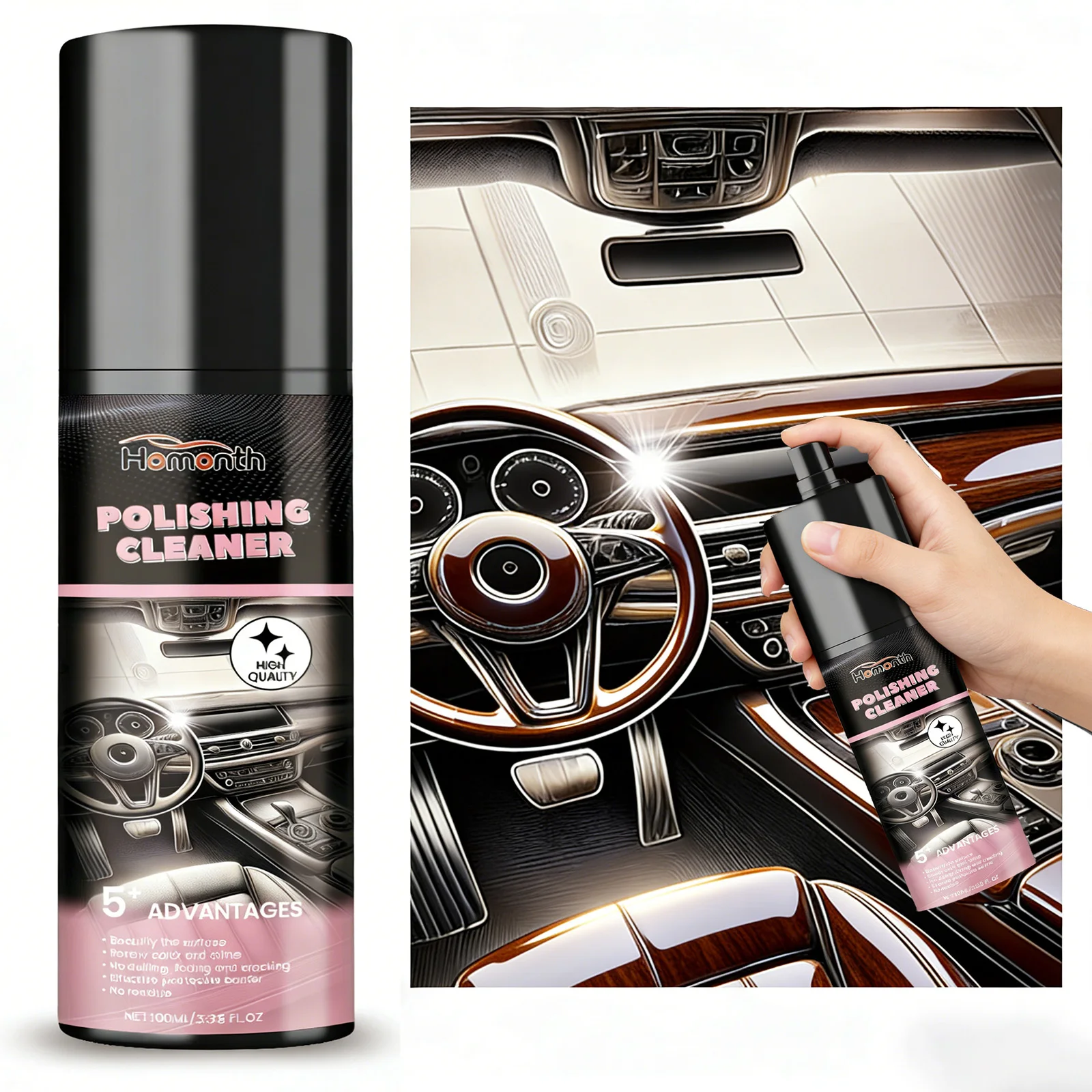 100ml Auto-Innenraum-Politur & Reinigungsspray für Armaturenbrett, Leder, Kunststoff - Stellt Glanz wieder her & verhindert Farbausbleichung - Autopflege-Spray