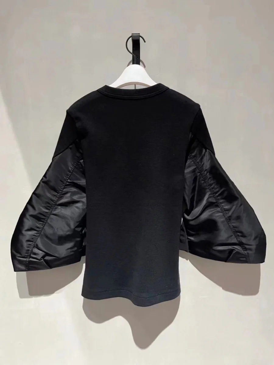 FOG SACAI SS24 New Patchwork Batwing Sve Waist Cinched Cotton Long Sve Loose Sweatirt T-irt Organic Cotton Bell Sve