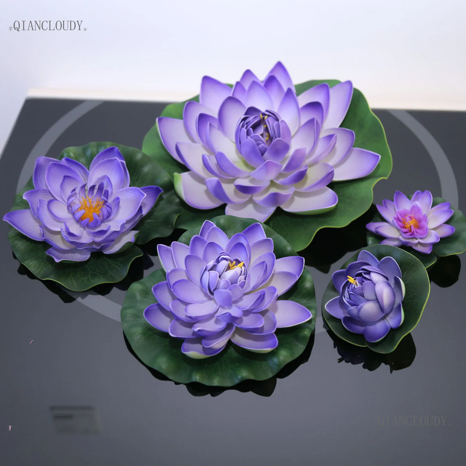 QIANCLOUDY Purple Wedding Christmas Foam Lotus Artificial Flowers Water Lily Leaf Swimming Pond Decoration D24 The New Listing