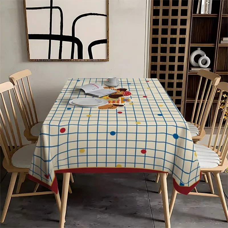Striped and polka-dot puppy tablecloth - Creates a lively dining atmosphere. Cartoon puppy striped tablecloth