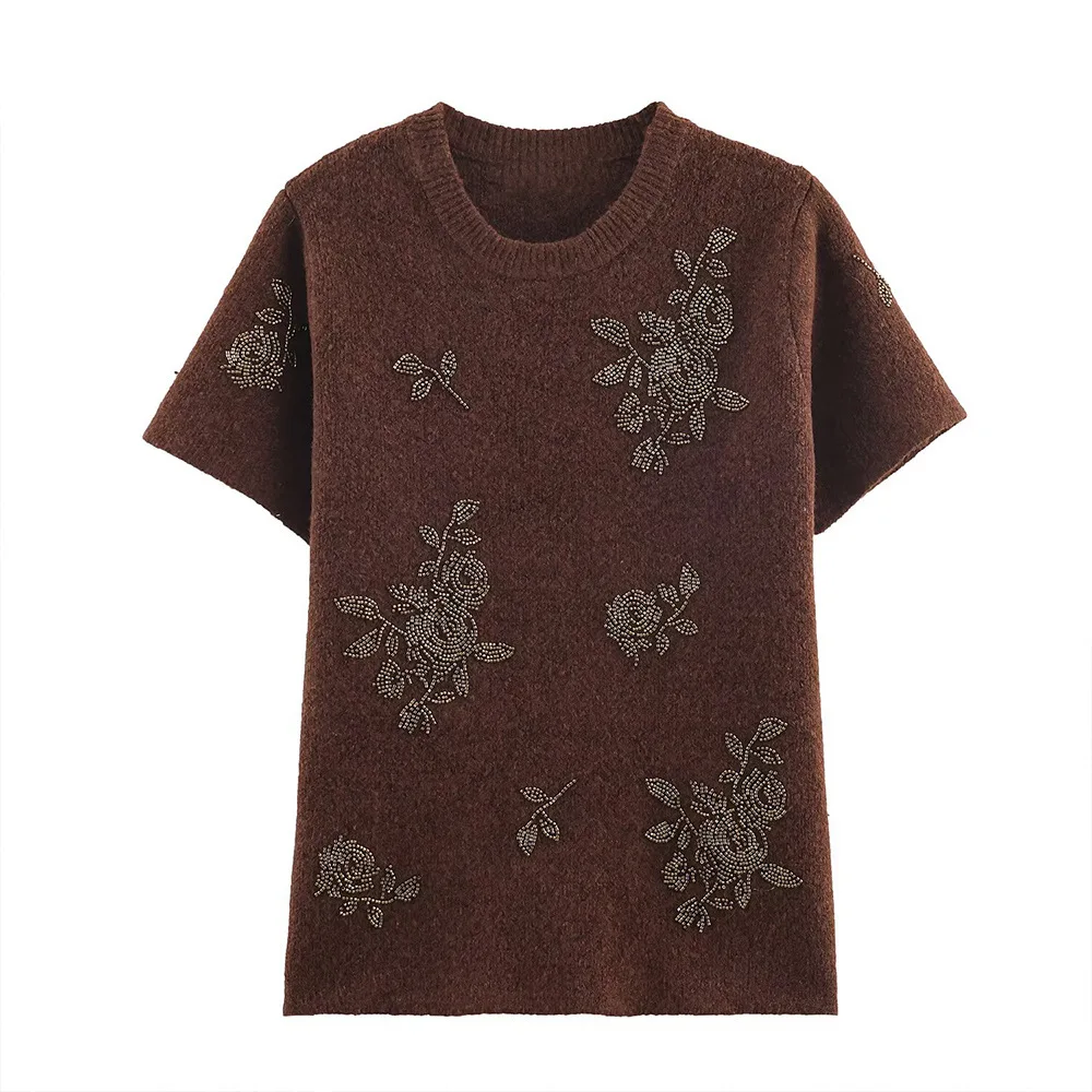 

Early autumn new fashion heavy beaded embroidery casual style top short-sleeved sweater versatile