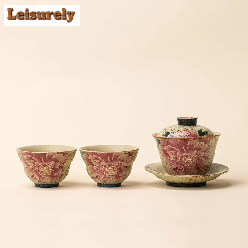 

Chinese Firestone Red Peony Tea Set Complete Set Vintage Tea Ceremony Set Household Teapot and Tea Cup Set Tableware Decoration