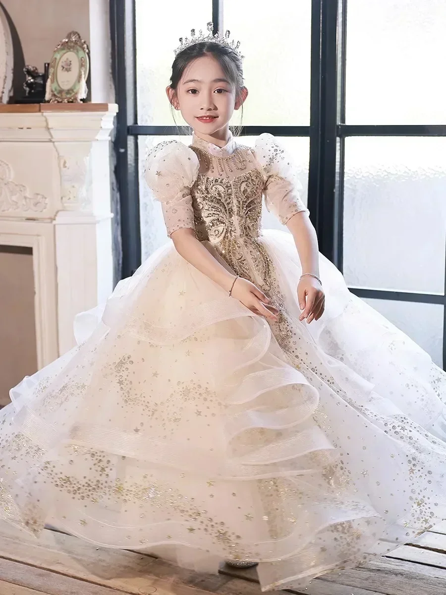 Kinder Hochzeit Blumenmädchen Hochzeit Mädchen Gastgeber Prinzessin Klavier Performance Kleid Frühling