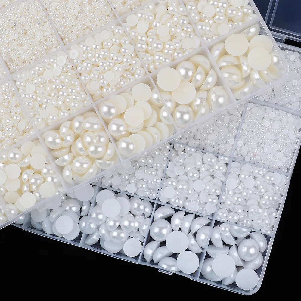 24 Grids Milk White/White Half Round Pearl Beads, ABS Plastic Flatback Faux Pearls for Nail Art, DIY Craft, Clothing Decoration