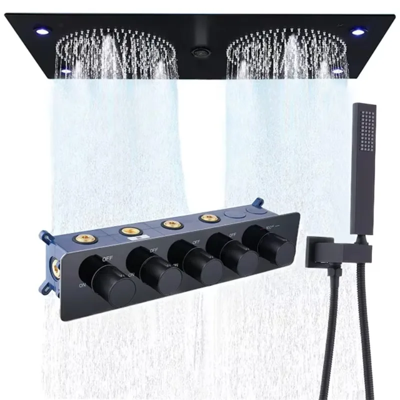 Black Ceiling Rain Brass Shower Combo with Thermostatic Mixing Valve Kit 24.4x12.6 inch  Waterfall  Head