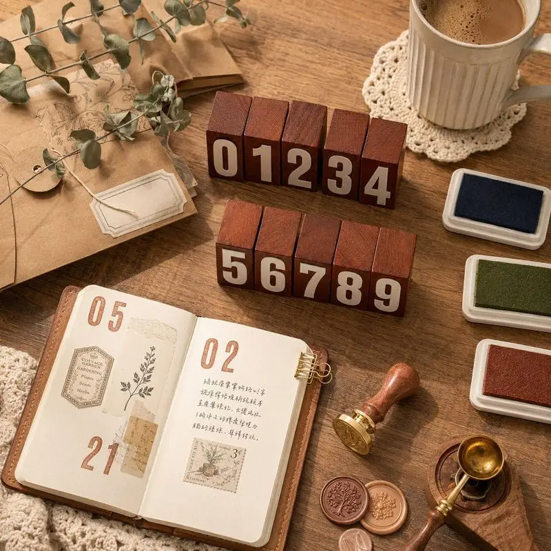 1Pc Retro Beech Wood Number Stamp, 0‑9 Digits Wooden Seal for Planner Journal Card‑making Decoration