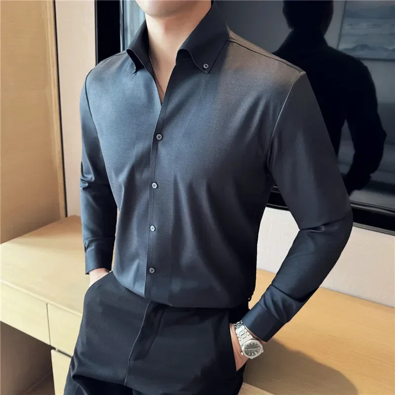 High Quality Solid Luxury Non-marking Slim Fit Shirt Men Long Sleeve Vertical  Anti-Wrinkle Casual Business Social Formal Shirts