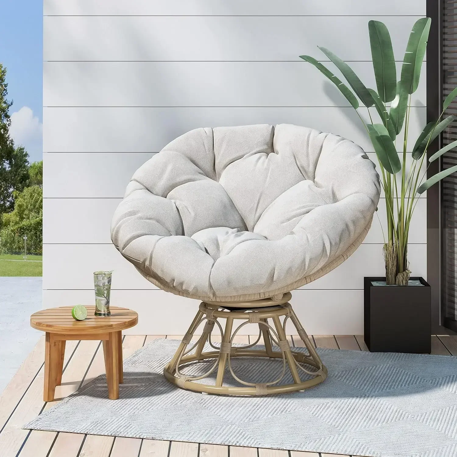 Nicholas Outdoor Papasan Swivel Chair with Water Resistant Cushion, Light Brown and Beige