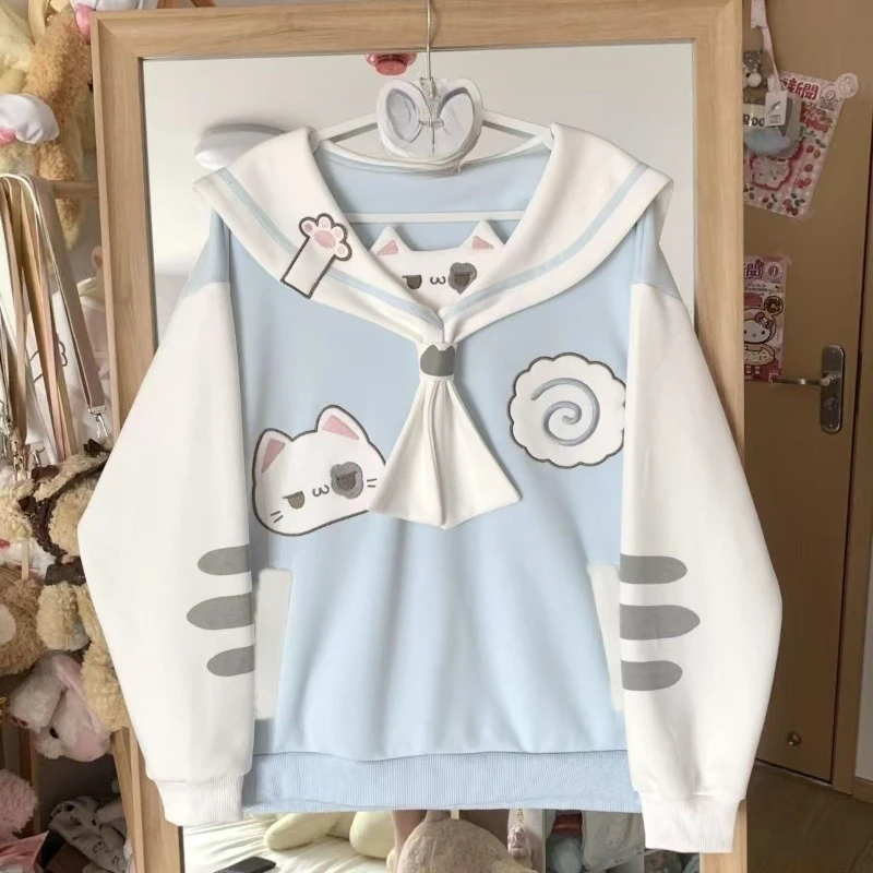 

Japanese Sweet Hoodie Harajuku Cute Cat Print Navy Collar School Style Long Sleeve Sweatshirt Ladies Kawaii Patchwork Loose Tops