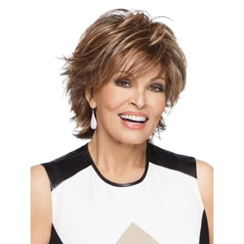 

Женский парик с короткими волосами и кудрявыми кончиками, смешанный цвет: коричневый и блонд.