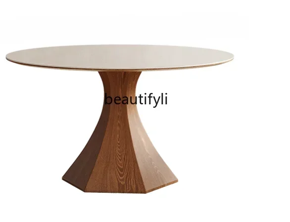 lt Nordic Solid Wood round Table Household Restaurant Dining Table with Turntable Walnut Retro Chic Simple Modern