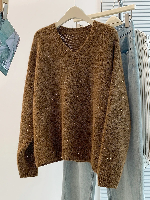 Fashionable V-Neck Sequin Sweater Jacket New Korean Style Autumn Winter Slimming Versatile High-End Feeling Bright Sparkle