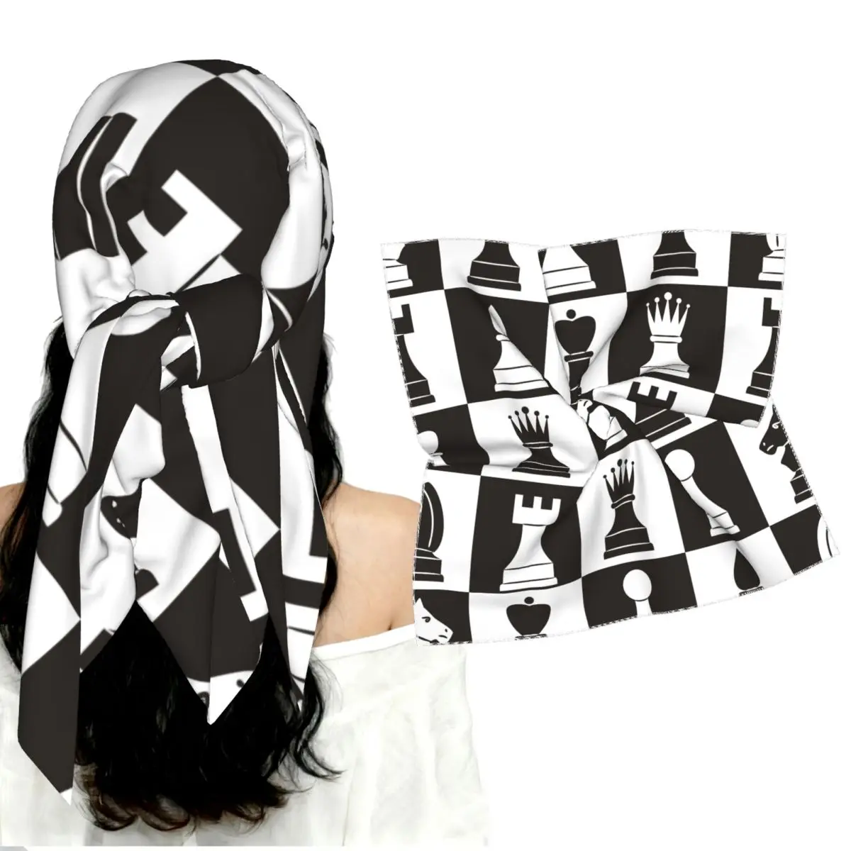 Elegant Smooth Imitation Silk Square Scarf Chess Pieces On Board Women Multi-functional Head Wrap Neck Scarf Bandana Gift