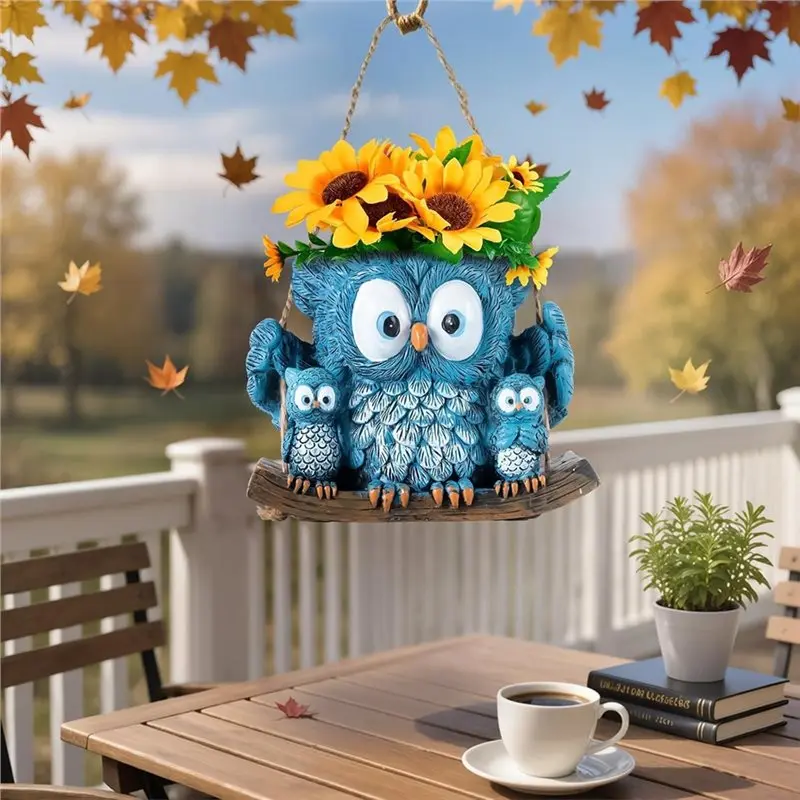A96K-Owl Planter Pot With Rope, Swing Owl Hanging Planter For Indoor Outdoor Plants Decor Small Hanging Plant Holder